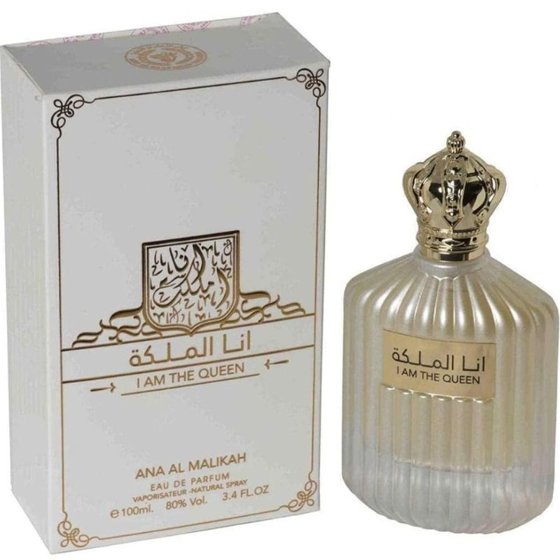 PERFUMES ÁRABES I Am The Queen de Ard Al Zaafaran es una fragancia de la familia olfativa Floral Frutal Gourmand para Mujeres. Las Notas de Salida son cereza, bergamota y rosa; las Notas de Corazón son peonía, flor de azahar del naranjo y jazmín; la Nota de Fondo es almizcle.