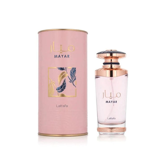 PERFUMES ÁRABES Mayar de Lattafa Perfumes es una fragancia de la familia olfativa Floral Frutal para Mujeres. Las Notas de Salida son lichi, frambuesa y hojas de violeta; las Notas de Corazón son rosa blanca, peonía y jazmín; las Notas de Fondo son almizcle y vainilla.