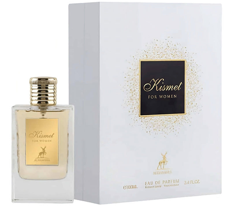 PERFUMES ÁRABES  Kismet for Women de Maison Alhambra es una fragancia de la familia olfativa para Mujeres. Las Notas de Salida son chabacano, rosa y jazmín; las Notas de Corazón son nardos y narciso; las Notas de Fondo son ámbar y cedro.