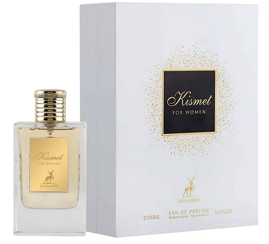 PERFUMES ÁRABES  Kismet for Women de Maison Alhambra es una fragancia de la familia olfativa para Mujeres. Las Notas de Salida son chabacano, rosa y jazmín; las Notas de Corazón son nardos y narciso; las Notas de Fondo son ámbar y cedro.